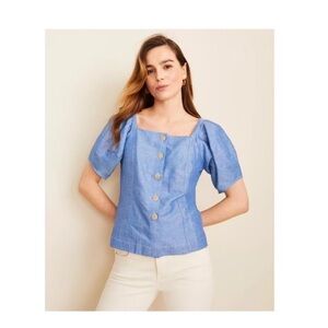 Ann Taylor chambray puff sleeve top blue buttoned XS linen cotton blend trendy